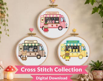 Woodland Critter Food Truck Cross Stitch Pattern Bundle - Cute Kawaii Strawberry, Lemon & Coffee - Kawaii Animal - Beginner (PDF Download)