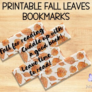 Könnte beinhalten: Vier druckbare Lesezeichen mit einem Herbstblatt-Muster. Die Lesezeichen haben den Text "Fall for reading", "Cuddle up with a good book!" und "Leave time to read!"