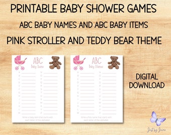 Printable baby shower games-pink stroller-teddy bear-abc baby items-abc baby names-digital download-fun for guests