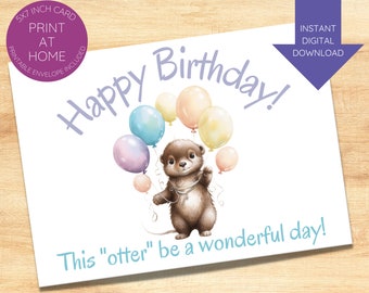 Otter birthday printable card-instant download-pastel-cute animal-for anyone-balloons