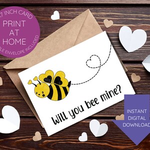 Druckbare Biene Mine Valentinstag/Liebe Karte-Sofortdownload-7x5inch-leer Innen-Umschlag Vorlage enthalten-digital handkoloriert