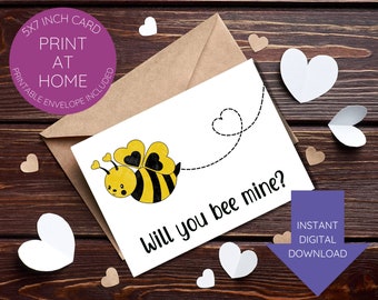 Printable bee mine Valentine's Day/love card-instant download-7x5inch-blank inside-envelope template included-digitally hand colored