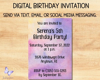 Digital watercolor birthday invitation/invite-pink, purple, yellow--send via email, text, or social media-no printing or postage