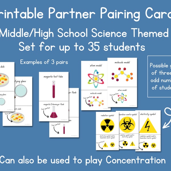 Printable science partner pairing matching cards-middle/high school-instant download-class management tool-randomly pair students-chemistry