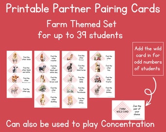 Printable partner pairing matching cards-farm theme-instant download-classroom management tool-randomly pair students-primary grades