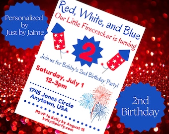 2nd/second firecracker/firework birthday party invitation/invite-turning 2/two-girl boy b-day-red white blue-personalized LFC2