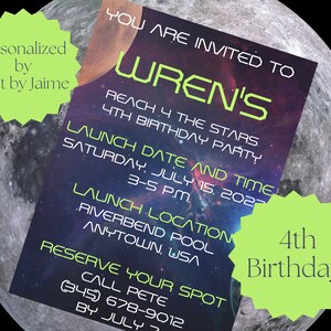 Reach 4/four/for the stars outer space 4th/fourth birthday invitation/invite-turning 4-turning fort -personalized b-day invitation