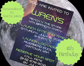 Reach 4/four/for the stars outer space 4th/fourth birthday invitation/invite-turning 4-turning fort -personalized b-day invitation