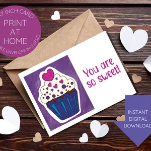 Printable Cupcake Valentinstag/Liebeskarte-Sofortdownload-7x5inch-leere Innenseite-Umschlagvorlage enthalten-digital coloriert-so süß