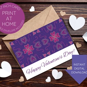 Druckbare Valentinstagskarte-sofortiger Download-7x5inch-leere Innenseite-druckbare Umschlagvorlage enthalten-digital handgezeichnete Fliesen-lila