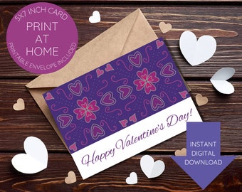 Printable Valentine's Day card-instant download-7x5inch-blank inside-printable envelope template included-digitally hand drawn tiles-purple