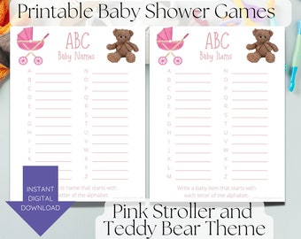 Printable baby shower games-pink stroller-teddy bear-abc baby items-abc baby names-instant download-fun for guests