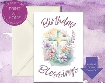 Birthday blessings printable card-instant download-Christian-cross-flowers-for/from anyone-pastel