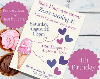 4th/fourth ice cream birthday party invitation/invite-turning 4/four-girl b-day-purple and pink-personalized b-day-four ever sweet ICG4