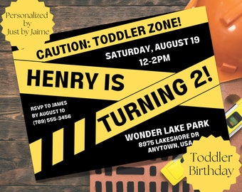 Construction toddler birthday party invitation/invite-girl boy b-day-personalized b-day-turning 2 or 3-2nd 3rd birthday-turning two three