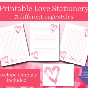Amor imprimible Papelería de San Valentín-3 estilos-descarga instantánea-carta de amor-regalo de último minuto para pareja, padre, sobre infantil