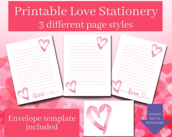 Printable love Valentine's stationery-3 styles-instant download-love letter-last minute gift for significant other, parent,child-envelope