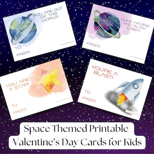 Cartes imprimables de la Saint-Valentin sur le thème de l'espace pour les enfants de camarades de classe ou d'enseignants-thème aquarelle-4 dessins-téléchargement instantané-3,5 x 5 pouces