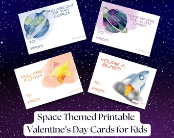 Printable space themed Valentine's Day cards for kids from classmates or teachers-watercolor theme-4 designs-instant download-3.5x5 inches