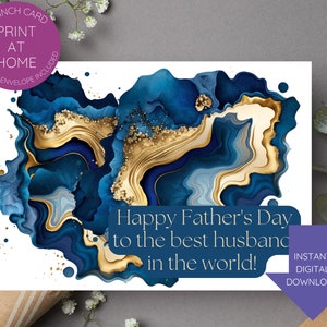 Cartão de Dia dos Pais para marido, download digital instantâneo para impressão - Cartão para marido - Cartão da esposa - Cartão para ele - Azul e dourado