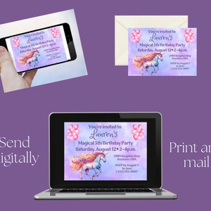 Personalized Magical Unicorn Birthday Invitation/Invite-turning 4 5 6 7-4th 5th 6th 7th birthday, four five six seven fourth fifth sixth image 2