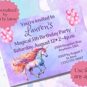 Personalized Magical Unicorn Birthday Invitation/Invite-turning 4 5 6 7-4th 5th 6th 7th birthday, four five six seven fourth fifth sixth image 1