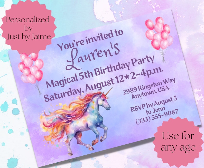 Personalized Magical Unicorn Birthday Invitation/Invite-turning 4 5 6 7-4th 5th 6th 7th birthday, four five six seven fourth fifth sixth image 1