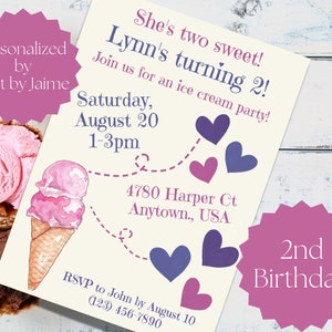 2nd/second ice cream birthday party invitation/invite-turning 2/two-girl b-day-purple and pink-personalized b-day-two sweet ICG2 image 1
