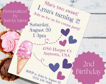 2nd/second ice cream birthday party invitation/invite-turning 2/two-girl b-day-purple and pink-personalized b-day-two sweet ICG2