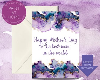 Best mom in the world Mother’s Day card-printable-instant download-unique-purple, turquoise, gold