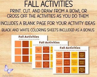 Fall/autumn activity/activities cards-kids fall activity pack-instant download-printable cut out or cross off-bonus coloring sheets