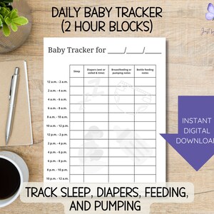 Printable daily baby tracker-instant download-sleep, diapers, breastfeeeding, bottles, pumping-2 hour blocks-take to doctor visits