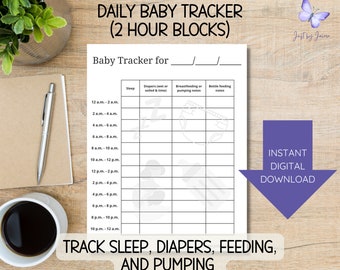 Printable daily baby tracker-instant download-sleep, diapers, breastfeeeding, bottles, pumping-2 hour blocks-take to doctor visits