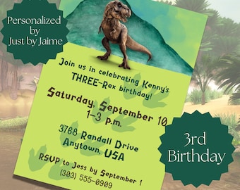 3rd/third Three Rex 3 rex dinosaur birthday invitation/invite-t-rex birthday-turning 3-turning three-personalized b-day invitation-DINO3