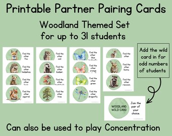 Printable partner pairing matching cards-woodland animals-instant download-classroom management tool-randomly pair students-primary grades
