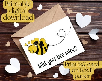 Printable bee mine Valentine's Day/love card-instant download-7x5inch-blank inside-envelope not included-digitally hand colored illustration