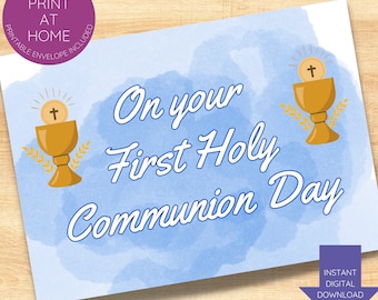 Blue first holy communion printable card-instant download-for/from anyone-Catholic-Christian-sacrament congratulations-well wishes