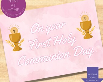 Pink first holy communion printable card-instant download-for/fromanyone-Catholic-Christian-sacrament congratulations-well wishes