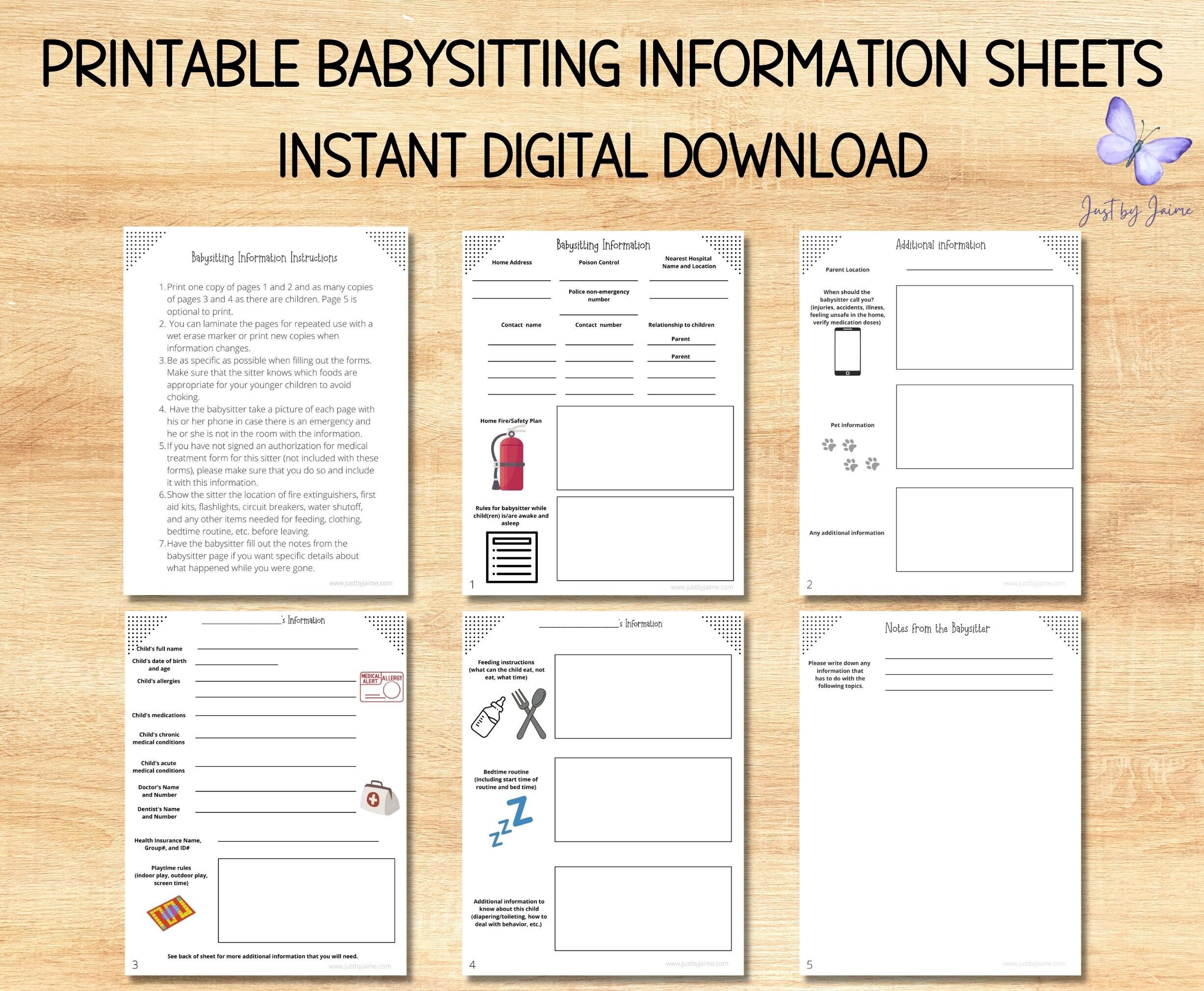 Printable Babysitting Information Sheet-instant Download-leave ...
