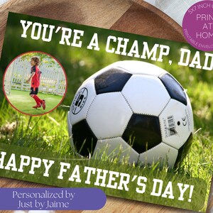 Gepersonaliseerde Voetbal Vaderdagkaart-afdrukbare-foto-aangepaste-digitale download-papa-vader-vader-papa-stap/bonus vader-van zoon of dochter
