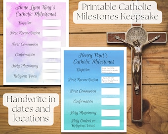 Printable Catholic Milestones Sacraments Keepsake-baptism, first reconciliation, first communion, confirmation,matrimony,religious vows