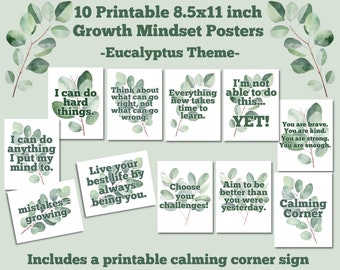 May include: Ten printable 8.5x11 inch growth mindset posters with an eucalyptus theme. The posters feature positive affirmations and motivational quotes.  Includes a printable calming corner sign.