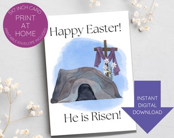 Printable religious Easter card-instant download-resurrection-Christian-He is Risen-5x7in-blank inside-printable envelope template included