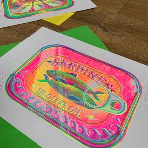 FLURO Fishy Tin Risograph Prints A4 Sardine Tin