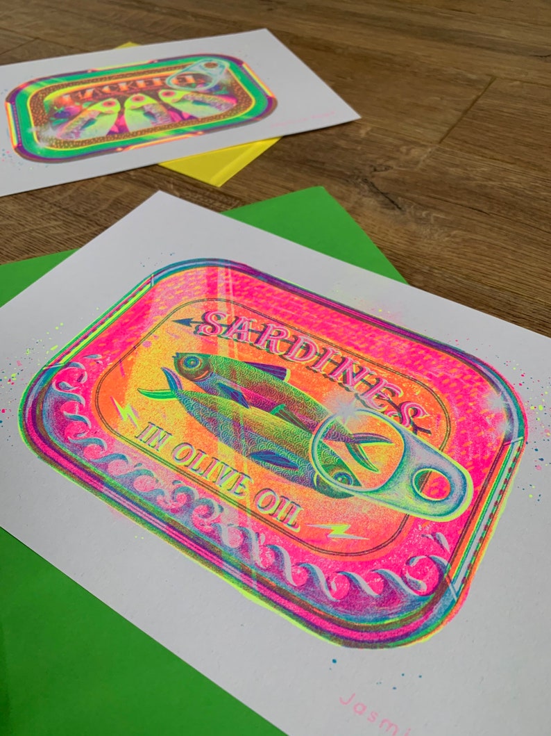 FLURO Fishy Tin Risograph Prints A4 Sardine Tin