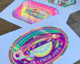 FLURO Mackerel + Sardine + Anchovy Tin Risograph Prints - A4