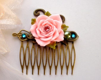 Large Pink Rose Antique Brass Filigree Hair Comb, Flower Hair Comb, Vintage Style Pink Rose Hair Comb, Wedding, Bridesmaid Rustic Hair Comb