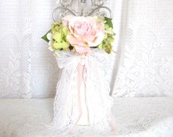 Shabby Cottage Chic Vase, Decorated with Lace Bow, Pink & White Ceramic Vase, Artificial Floral Bouquet, Home Decor, Gift for Her