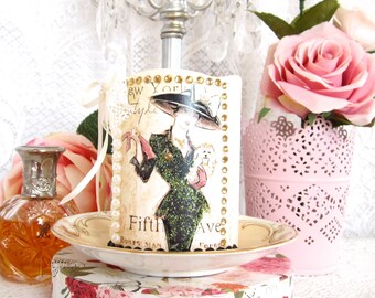 Lady with Hat and Little Dog Flameless Candle, Lovely Shabby Chic Style, LED Flickering Candle, Fifth Avenue Romantic Candle, Unique Gift