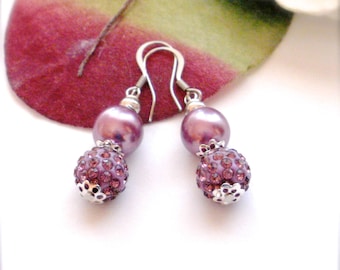 Dengle Earrings, Dusky Pink & Czech Glass Pearl Ball Earrings, Crystal Pave Ball Earrings, Surgical Steel Ear Hooks, Gift for Her